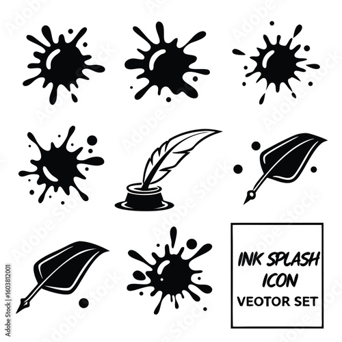 Black ink splatters quill pen inkwell splash