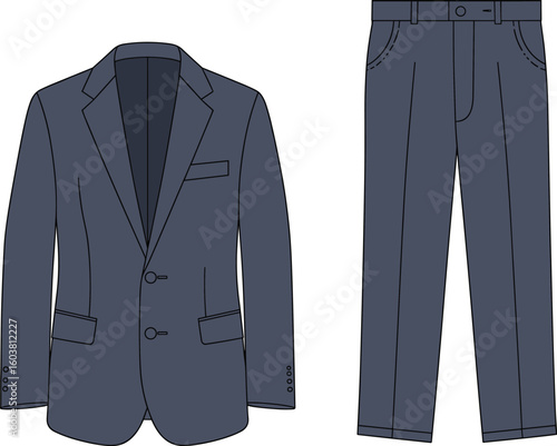 Men’s suit jacket and trousers flat vector, formal clothing CAD drawing, fashion technical sketch for apparel design and presentation