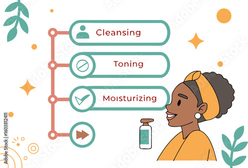 A visual guide to a simple skincare routine featuring cleansing toning and moisturizing steps with a happy woman and cosmetic products