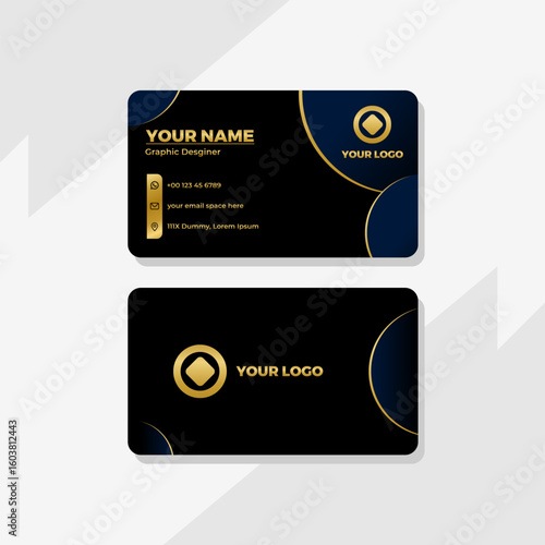 Modern luxury business card template with elegant gold accents on a dark blue and black background for professional corporate branding.