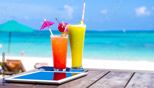 Tropical cocktails and tablet on beach.