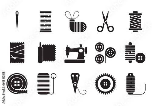 Black and White Sewing and Tailoring Icons Collection of Needle Thread Scissors and Buttons Vector Graphic