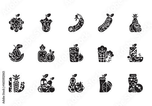 Black Glyph Vector Icons Set Of Fresh Vegetables and Fruits Promoting Healthy Food Choices and Nutrition