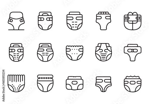 Collection of Baby Diaper Icons in Outline Style for Web and Graphic Design Projects Simple and Modern