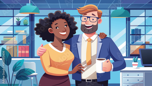 Diverse colleagues happily posing together in an office setting