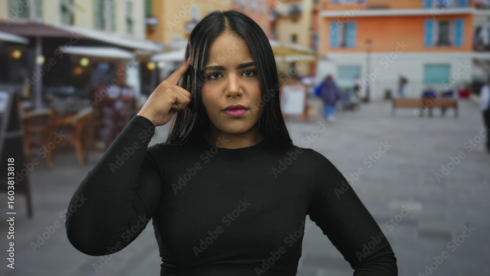 Fototapeta premium Woman in black shirt pointing and thinking on an outdoor street with blurred background of colorful buildings and people walking.