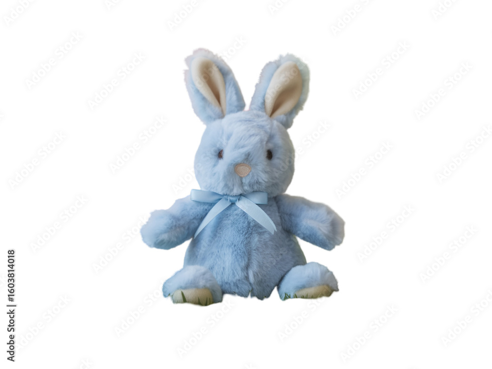 Obraz premium Fluffy blue bunny toy with ribbon isolated on a transparent background plush