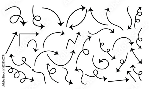 A set of hand drawn arrows in casual sketchy style. Black line collection isolated on white background. Great for notes, charts, or web graphics.

