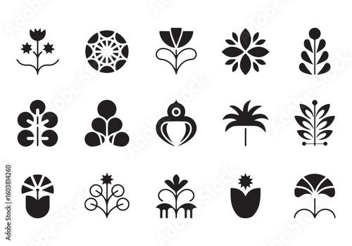 Collection of stylized floral elements and decorative botanical icons offering creative design possibilities and artistic expression in graphic arts and illustrations