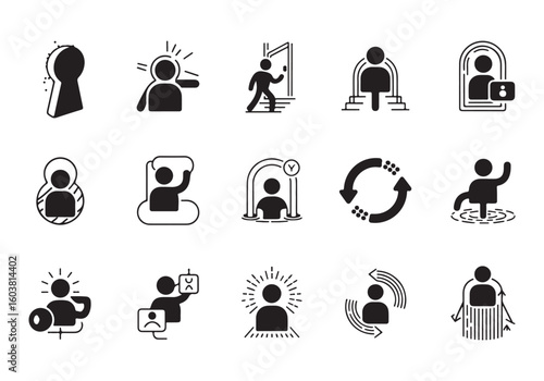 Conceptual Black and White Pictograms Representing Life Events and Decisions Portraying Various Human Experiences and Challenges