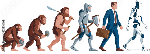 Evolutionary stages from ape to modern man to robot on a white background
