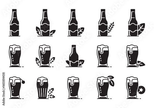 Craft Beer Collection of Black Silhouette Bottles and Glasses for Menu Design and Vector Illustrations