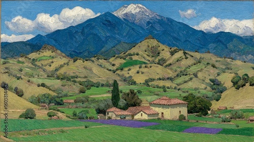 Wallpaper Mural Impressionist oil painting of a mountain valley with a village and purple fields under a blue sky Torontodigital.ca