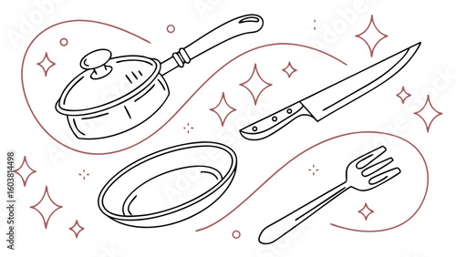 A whimsical line drawing featuring essential kitchen utensils like a pot knife baking dish and fork accented with sparkling stars and decorative swirls