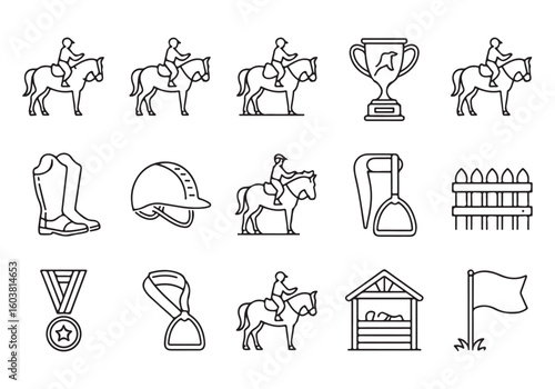 Equestrian Sport Outline Icons Set Vector Illustration Horseback Riding Equipment and Competition Elements for Graphic Design Projects