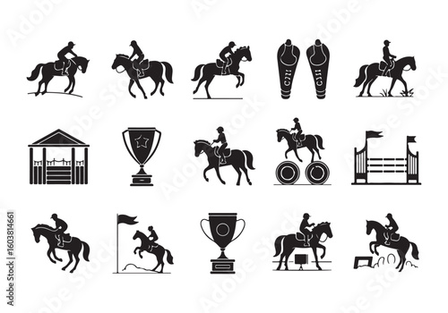 Equestrian Sports Black Silhouette Illustration Set Horses and Riders Competition Icons Design