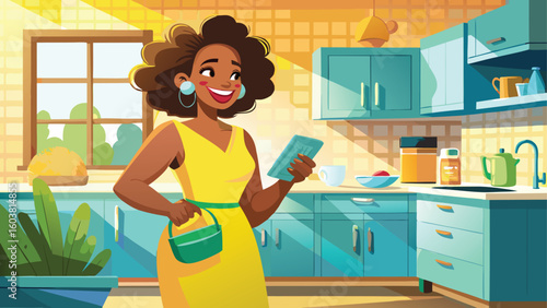 Woman in yellow dress holding phone and bag in a sunny kitchen