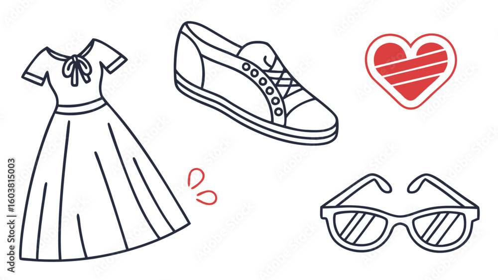 Naklejka premium A playful collection of fashion and lifestyle icons including a dress sneakers sunglasses and a heart symbol presented in a simple clean line art style