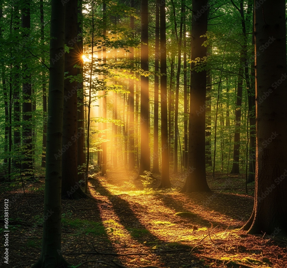 Obraz premium Sunlight streams through a dense forest, illuminating the ground and casting long shadows between the trees.