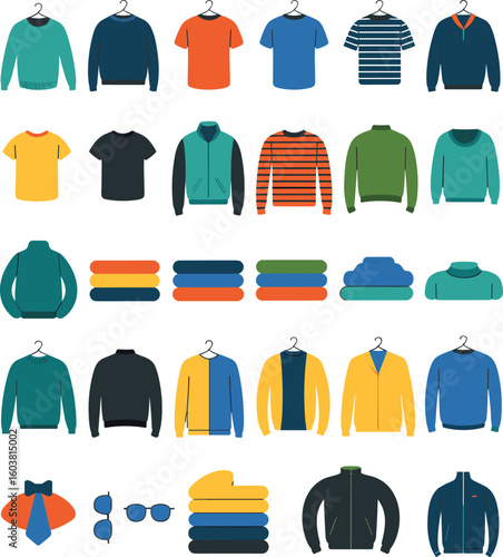 Flat vector illustration of winter clothing, folded sweaters, jackets, sweatshirts, fashion accessories, casual wear, modern style outfit icons