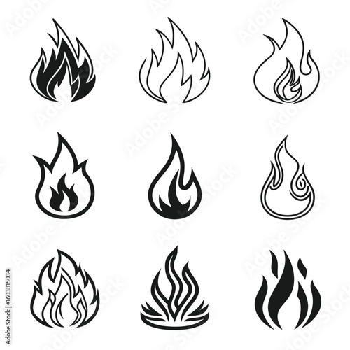 Black flame icons fire symbol