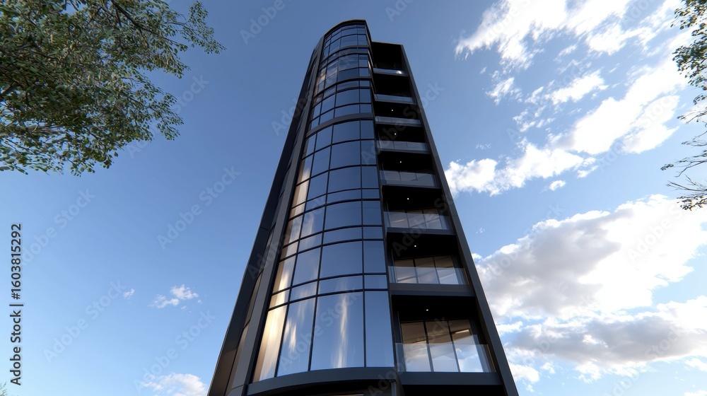 Obraz premium A modern skyscraper with a curved facade and numerous windows.