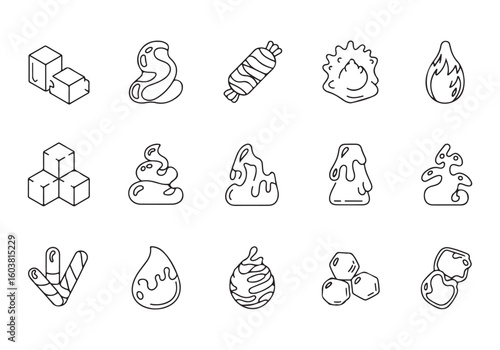 Set of fifteen minimalistic monochrome doodle vector elements depicting various sweets desserts and other sugary foods ideal for logos stickers icons