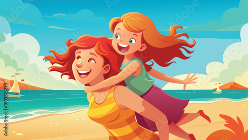 Joyful mother and daughter enjoying a sunny beach day together