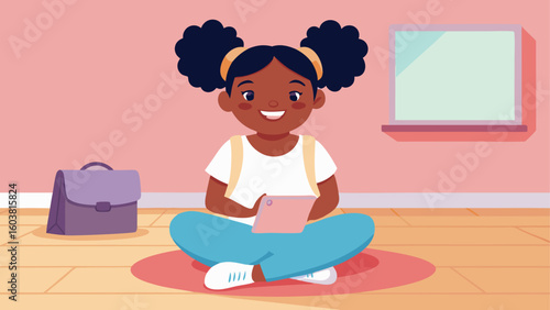 Happy black girl sitting cross legged using a tablet