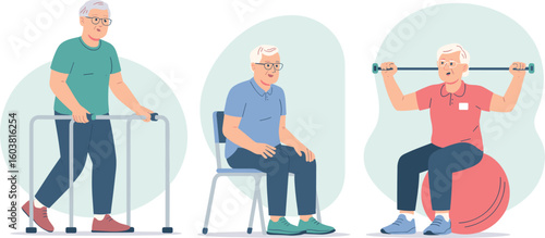 Senior men exercising with fitness ball and parallel bars while seated or standing for therapy eta vector