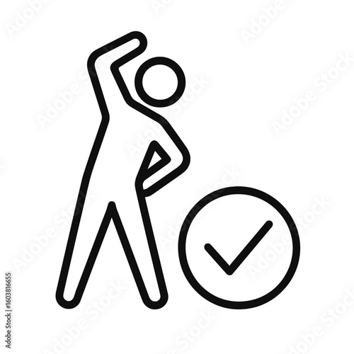 Outline of person stretching next to a check mark symbol  