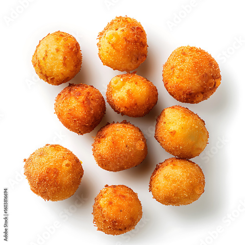Golden, crispy fried cheese balls arranged in a cluster on a white background