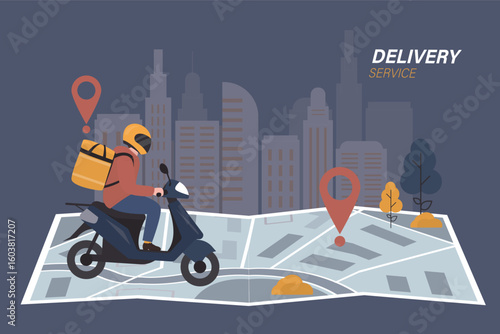 Delivery man on bike with food box. Delivery service. Courier driving motor transport, moped. Deliveryman riding motorcycle on giant paper map, scooter.