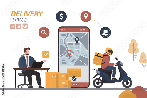 Male courier on moped delivers parcels. Internet shop. App for delivering goods on mobile phone screen. Fast delivery service. Logistician working in transport company.