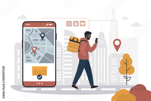 Walking delivery guy. African american male character use smartphone for navigation. Fast shipping. Courier with backpack and mobile phone on city view. Delivery service,