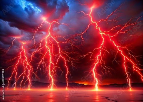 Dramatic red lightning strikes illuminate a dark and stormy sky