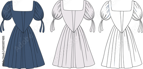 Puff sleeve dress with square neckline, gathered waist, flared skirt, back zipper, vector illustration, cad drawing, vintage inspired design