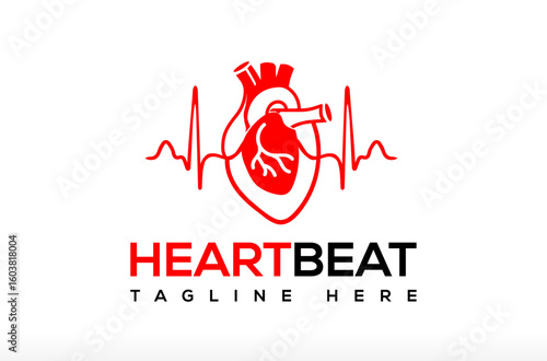 Medical Heart Beat Logo Design, Anatomical Heart Cardio Logo, Red Heart Logo, cardiology logo, heart center specialist doctor, cardio surgery Vector Icon Symbol Silhouette Illustration brand