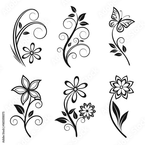 Floral vine and butterfly motifs leaves swirls