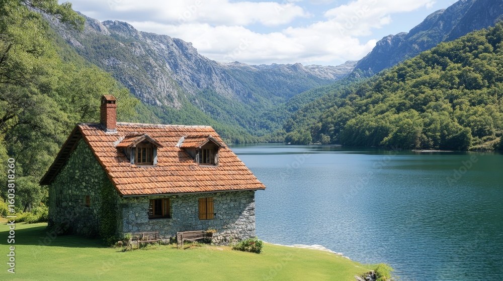 Fototapeta premium Scenic Lakeside Cabin: A quaint stone cabin with a red-tiled roof nestles beside a serene lake, framed by towering mountains and verdant trees.