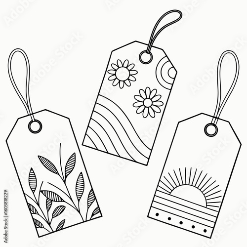 Three decorative gift tags featuring whimsical designs of flowers foliage and a sunrise perfect for crafting and personalization