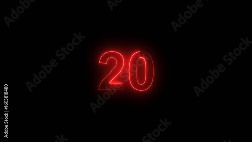 20 number countdown neon bright red color 4k illustration. black background 4k illustration.