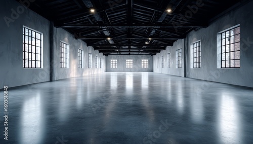 Wallpaper Mural A wide-angle view of an empty, gray cement floor in the middle of a large open-space loft with windows on each side.  Torontodigital.ca