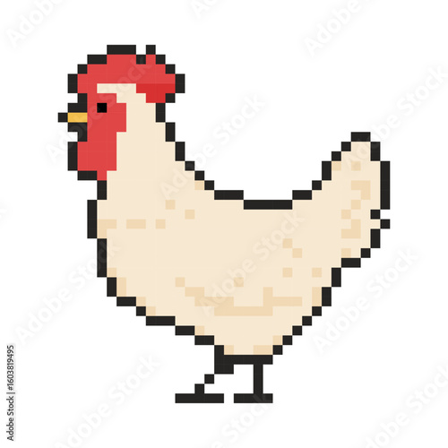 8 bit rooster icon. Pixel art object. Old school vintage game graphic.
