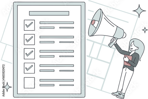 Woman with megaphone announces successful task completion on a checklist highlighting achievement and progress in a clean modern illustration style