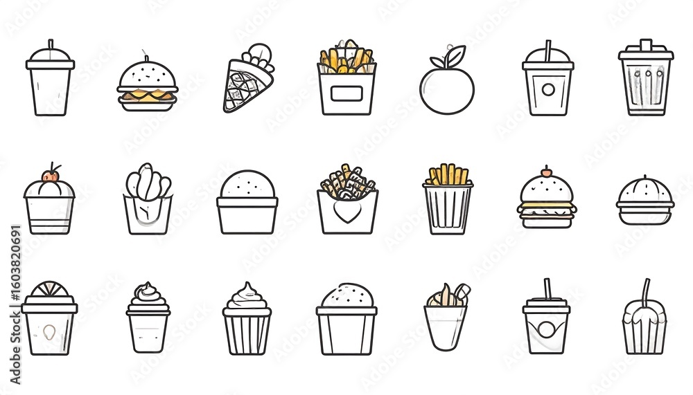 Collection of outline fast food icons Collection of outline fast food icons