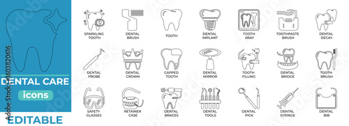 Editable dental care icons for clinics, hygiene, and health design