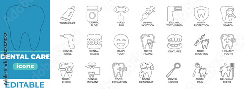 Editable dental care icons for clinics, hygiene, and health design