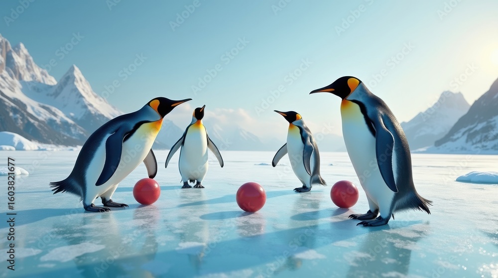 Obraz premium Penguins playing with red balls icy landscape wildlife photography snowy mountains low angle view fun and playfulness