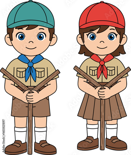 Cartoon boy and girl scouts in uniform holding sticks, outdoor adventure concept, vector illustration, isolated on white background